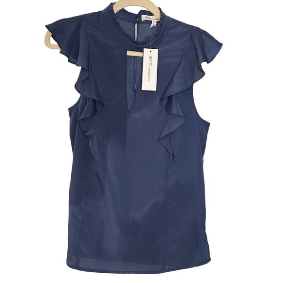 NWT BCBGeneration High Neck Keyhole‎ Cutout Blue Ruffle Blouse Size S - Picture 1 of 4